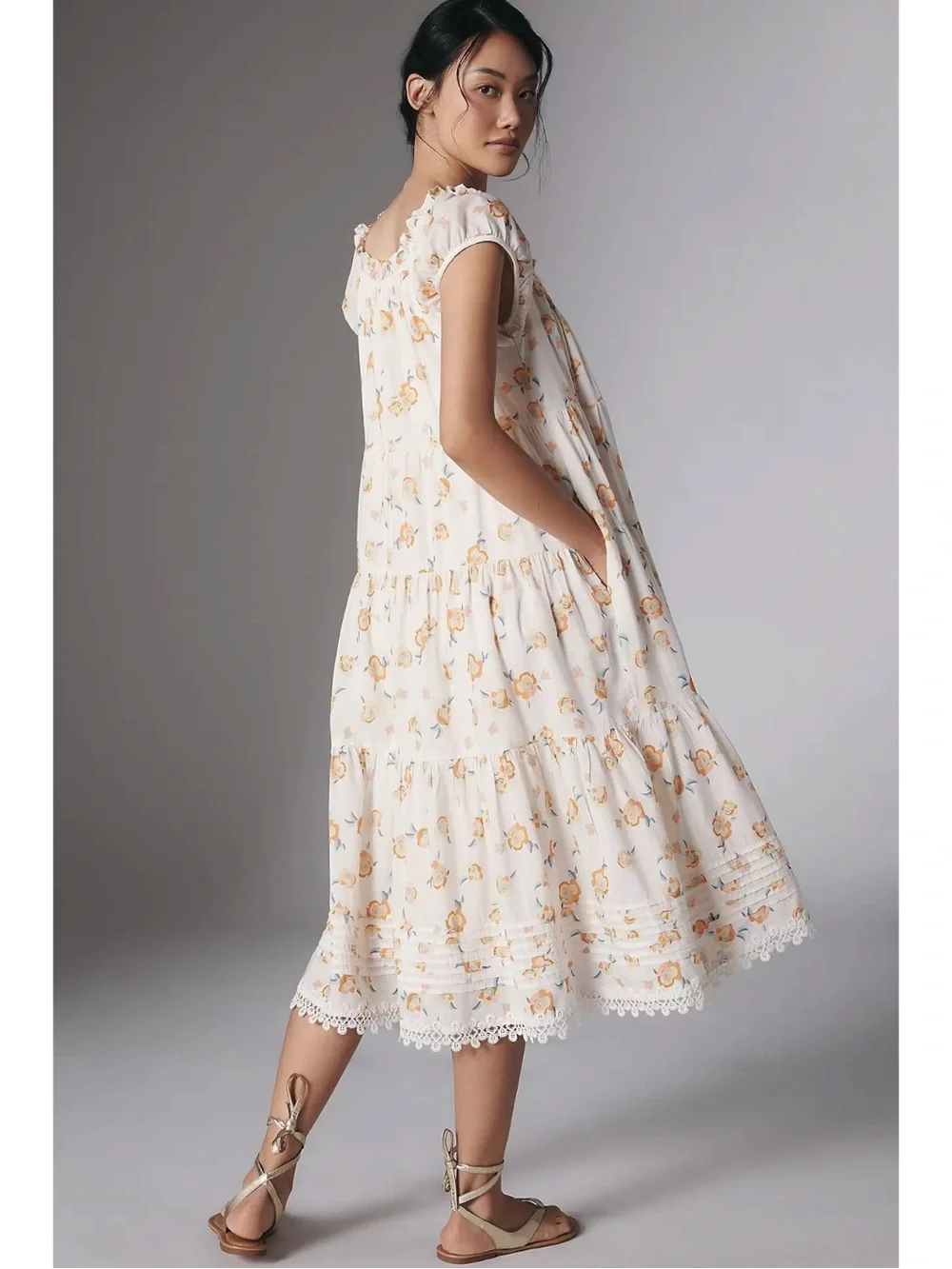 Anthropologie Summer Cottage Floral Short Sleeve Scoop Neck Midi Dress Large